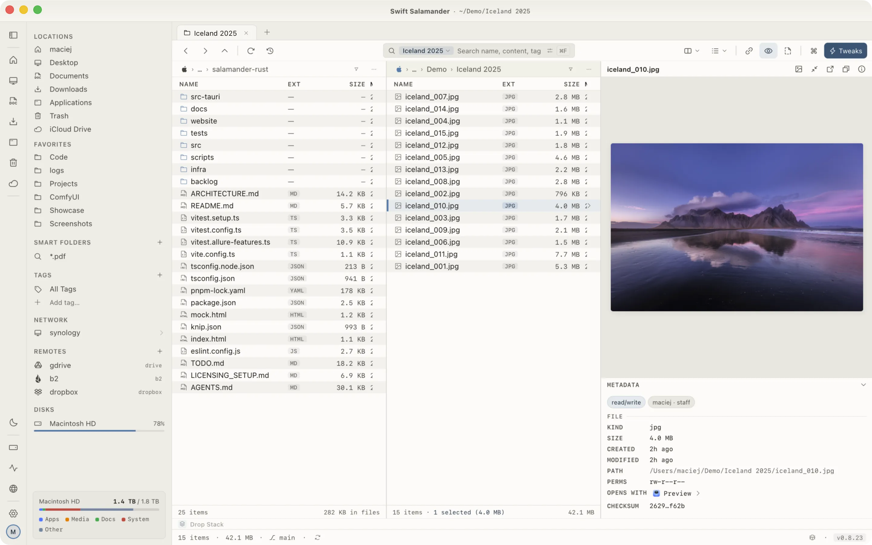 Swift Salamander with two file panes, sidebar and integrated terminal