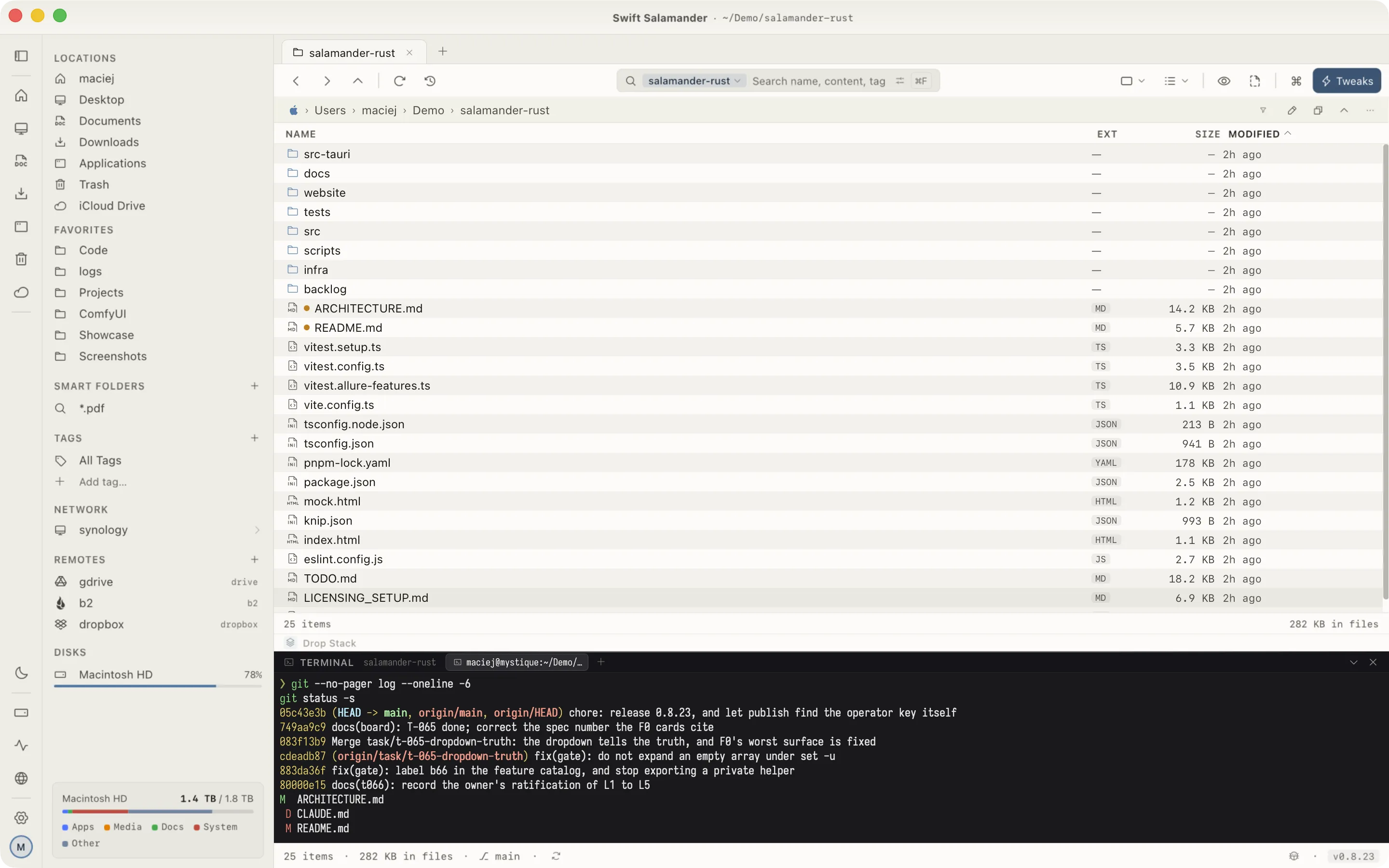 Terminal docked beneath a file pane