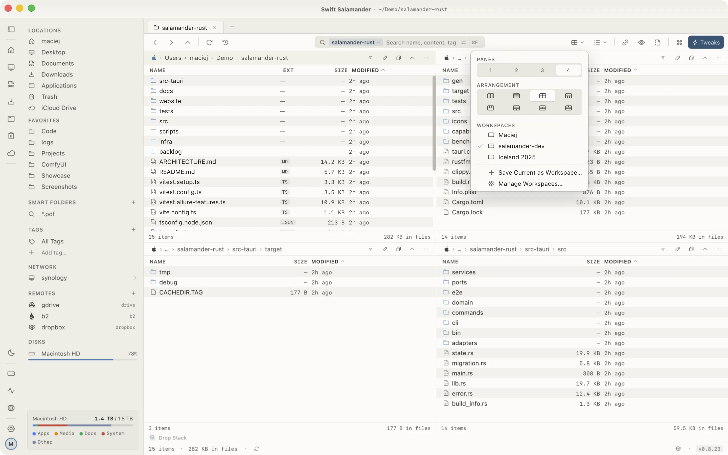 Saved workspaces in Swift Salamander